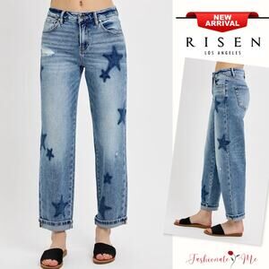 RISEN Mid Rise Star Shadow Detail Cuffed Hem Medium Wash Boyfriend Denim Jeans
